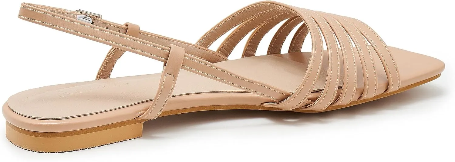Women's Slingback Flats Sandals Open Square Toe Adjustable Ankle Strap Gladiator Flat-Sandal Summer Dresssy Cute Low Heel Shoes