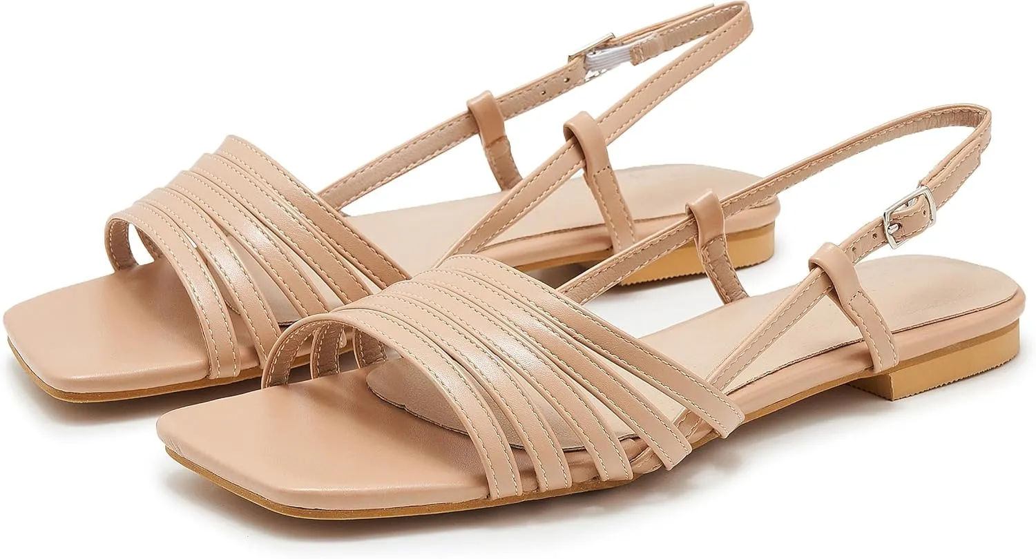 Women's Slingback Flats Sandals Open Square Toe Adjustable Ankle Strap Gladiator Flat-Sandal Summer Dresssy Cute Low Heel Shoes