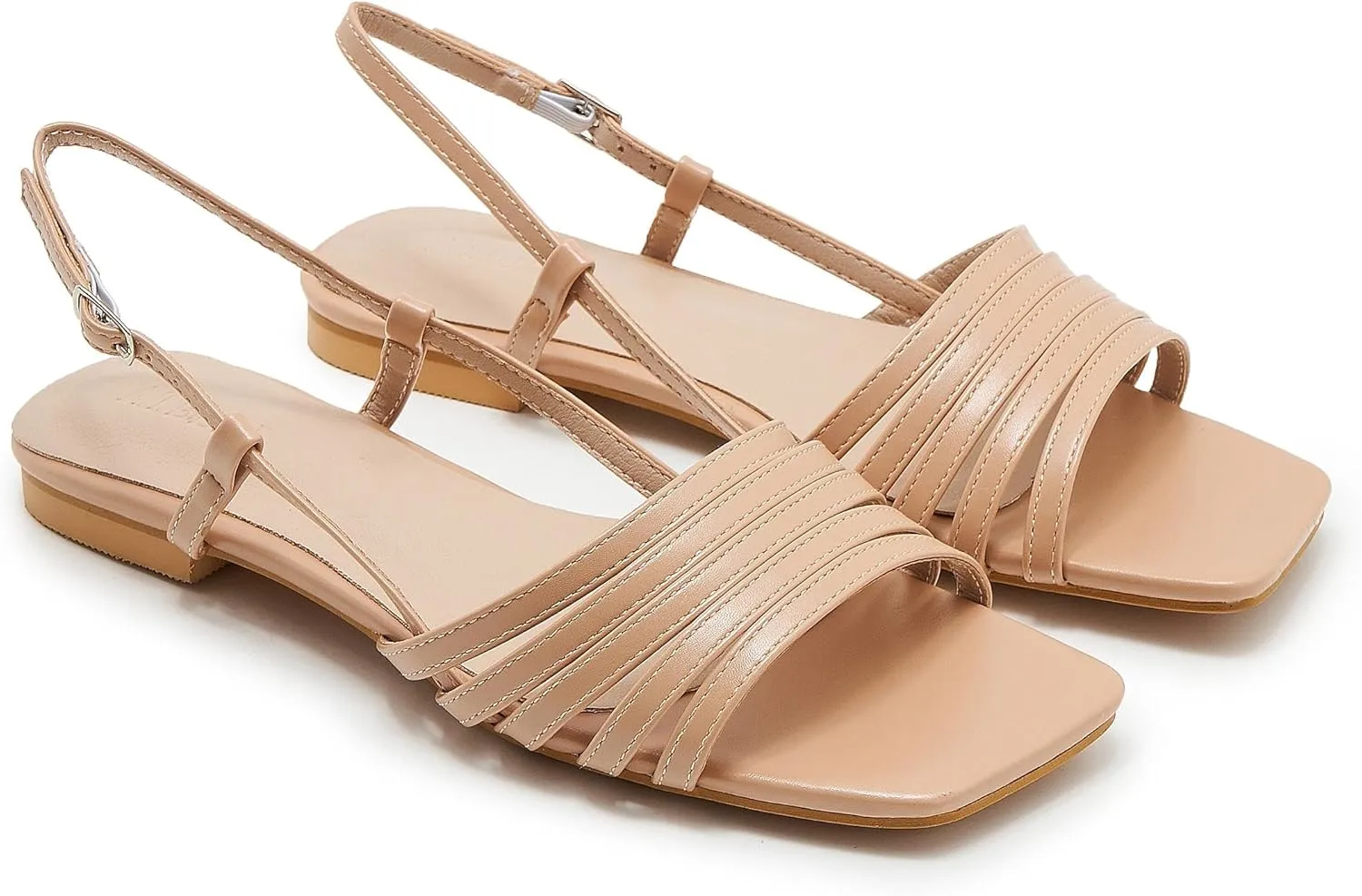 Women's Slingback Flats Sandals Open Square Toe Adjustable Ankle Strap Gladiator Flat-Sandal Summer Dresssy Cute Low Heel Shoes