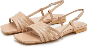 Women's Slingback Flats Sandals Open Square Toe Adjustable Ankle Strap Gladiator Flat-Sandal Summer Dresssy Cute Low Heel Shoes