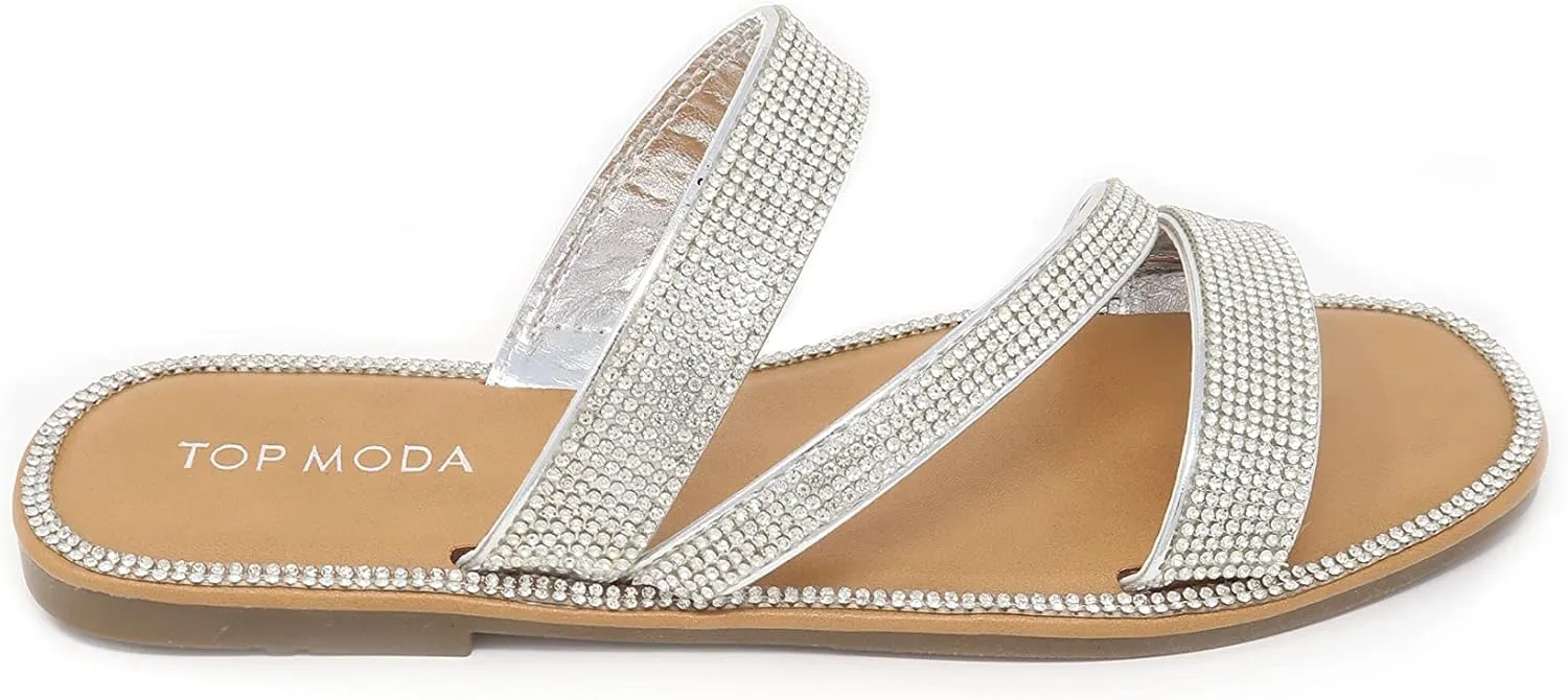 Women's Slip on Flat Sandals Casual Bling Rhinestone Strap Sandals Open Toe Slide Sandals