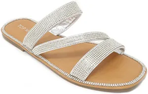 Women's Slip on Flat Sandals Casual Bling Rhinestone Strap Sandals Open Toe Slide Sandals