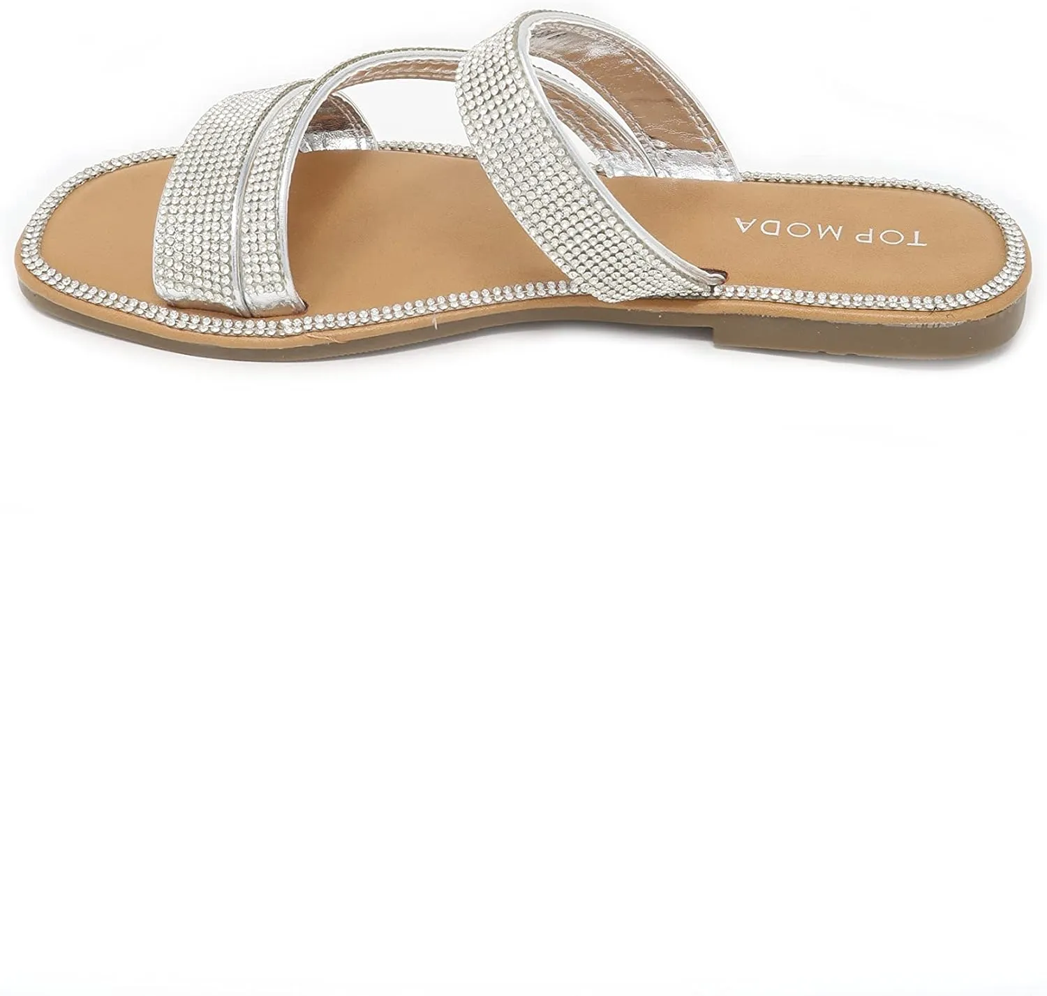 Women's Slip on Flat Sandals Casual Bling Rhinestone Strap Sandals Open Toe Slide Sandals