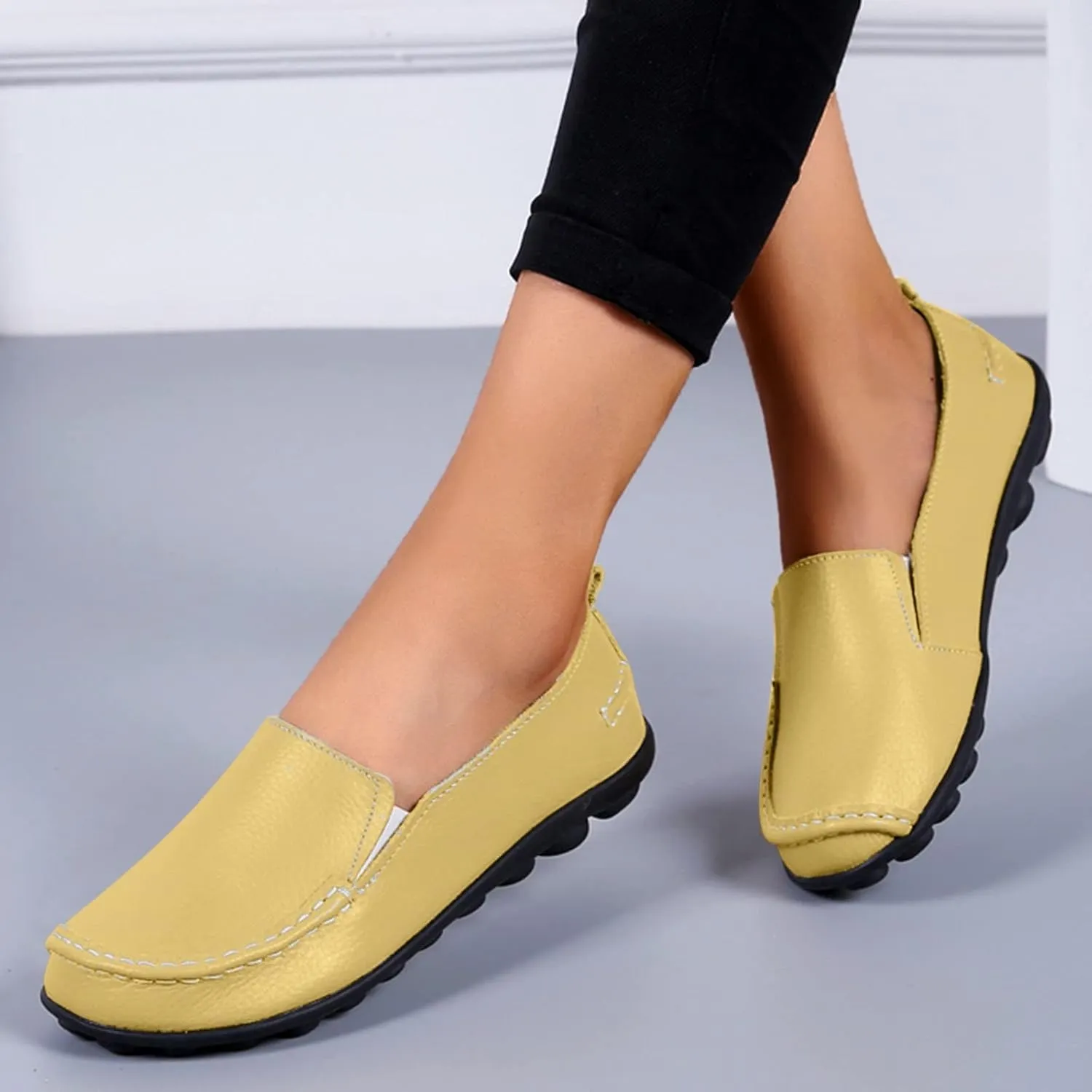 Women's Slip On Leather Shoes Soft Flat Soled Non Slip Elderly Loafers Orthopedic Slip-On Loafers Work Shoes