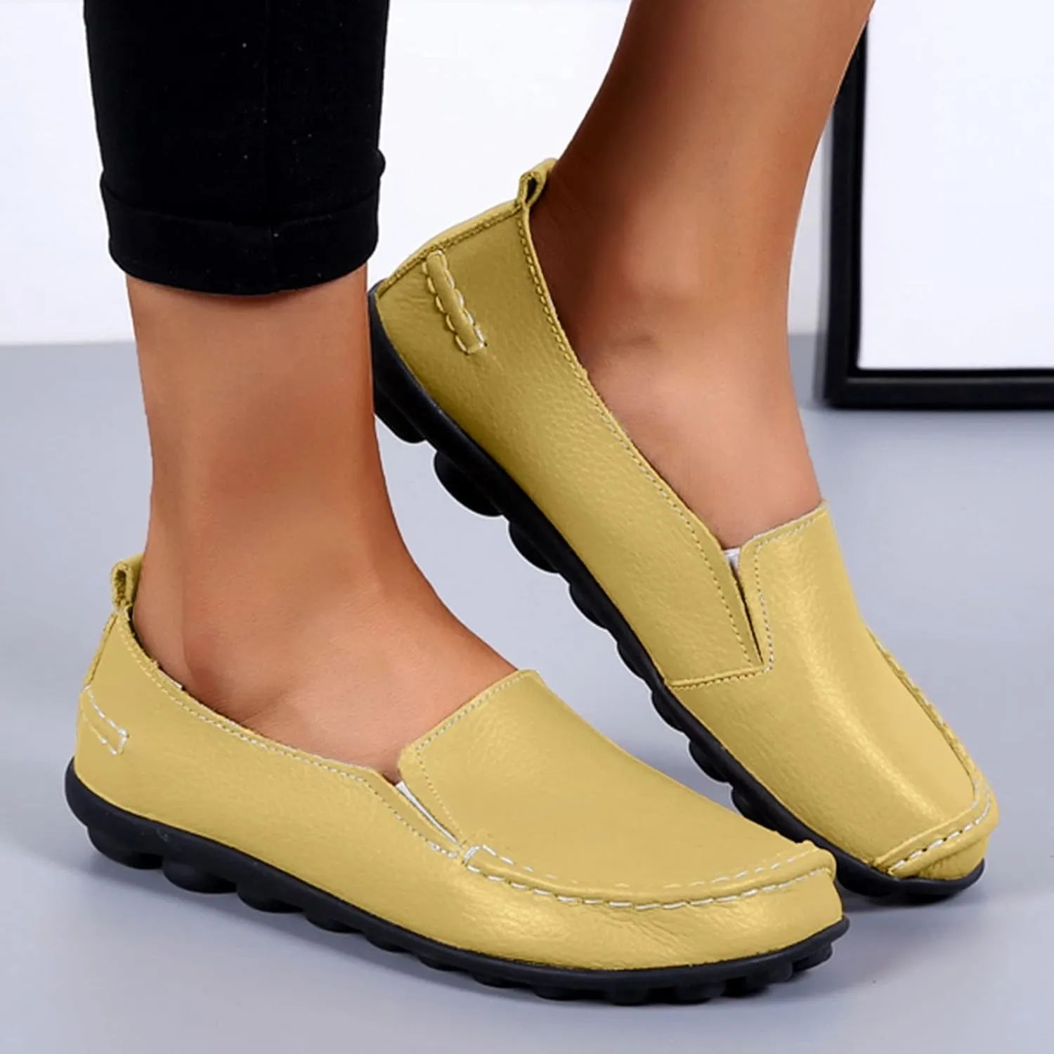 Women's Slip On Leather Shoes Soft Flat Soled Non Slip Elderly Loafers Orthopedic Slip-On Loafers Work Shoes
