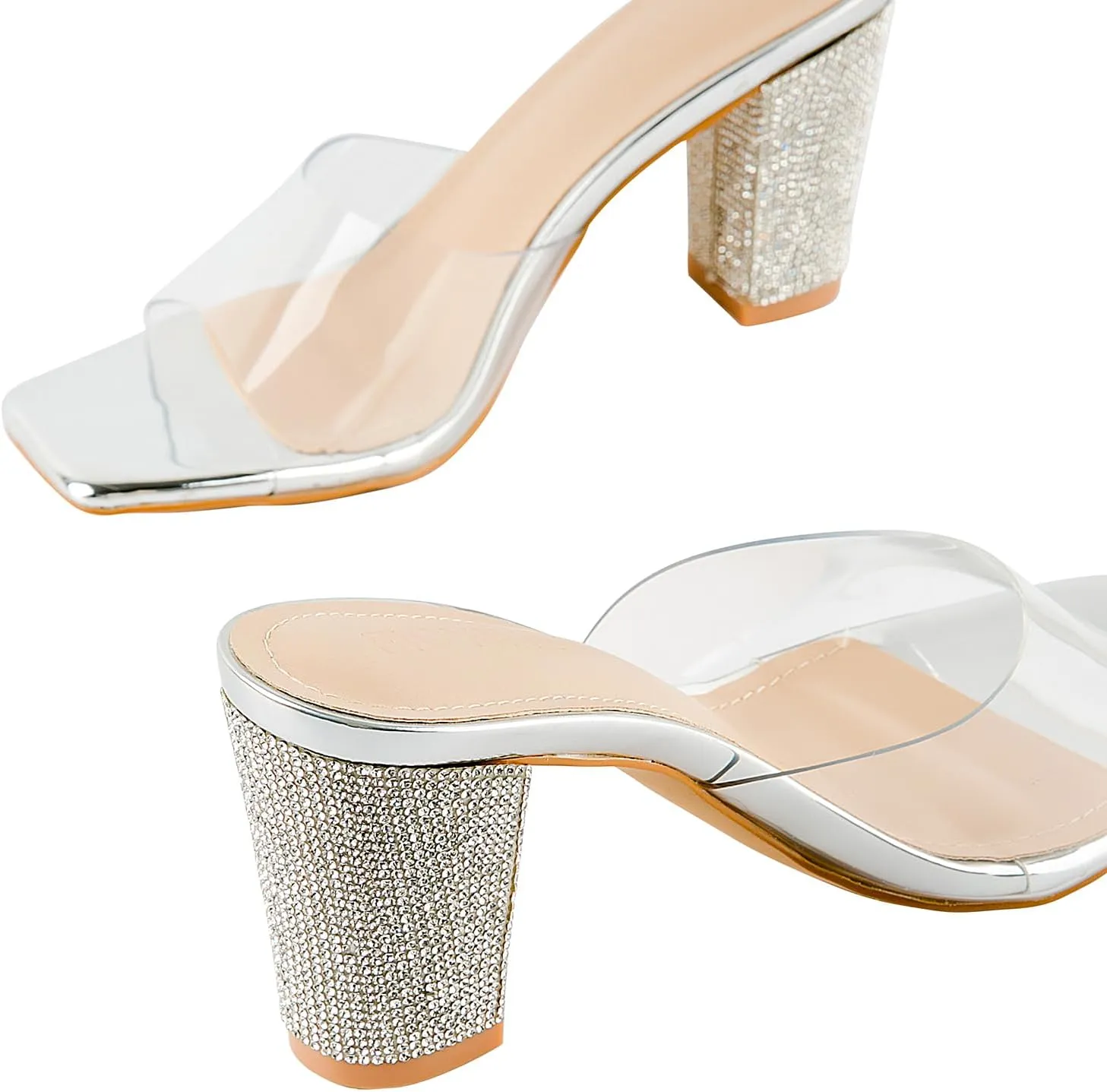 Women's Square Toe Rhinestone Heeled Sandals - Clear Chunky Slipper Mules Backless Slip on for Parties Weddings Nightclub