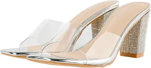 Women's Square Toe Rhinestone Heeled Sandals - Clear Chunky Slipper Mules Backless Slip on for Parties Weddings Nightclub