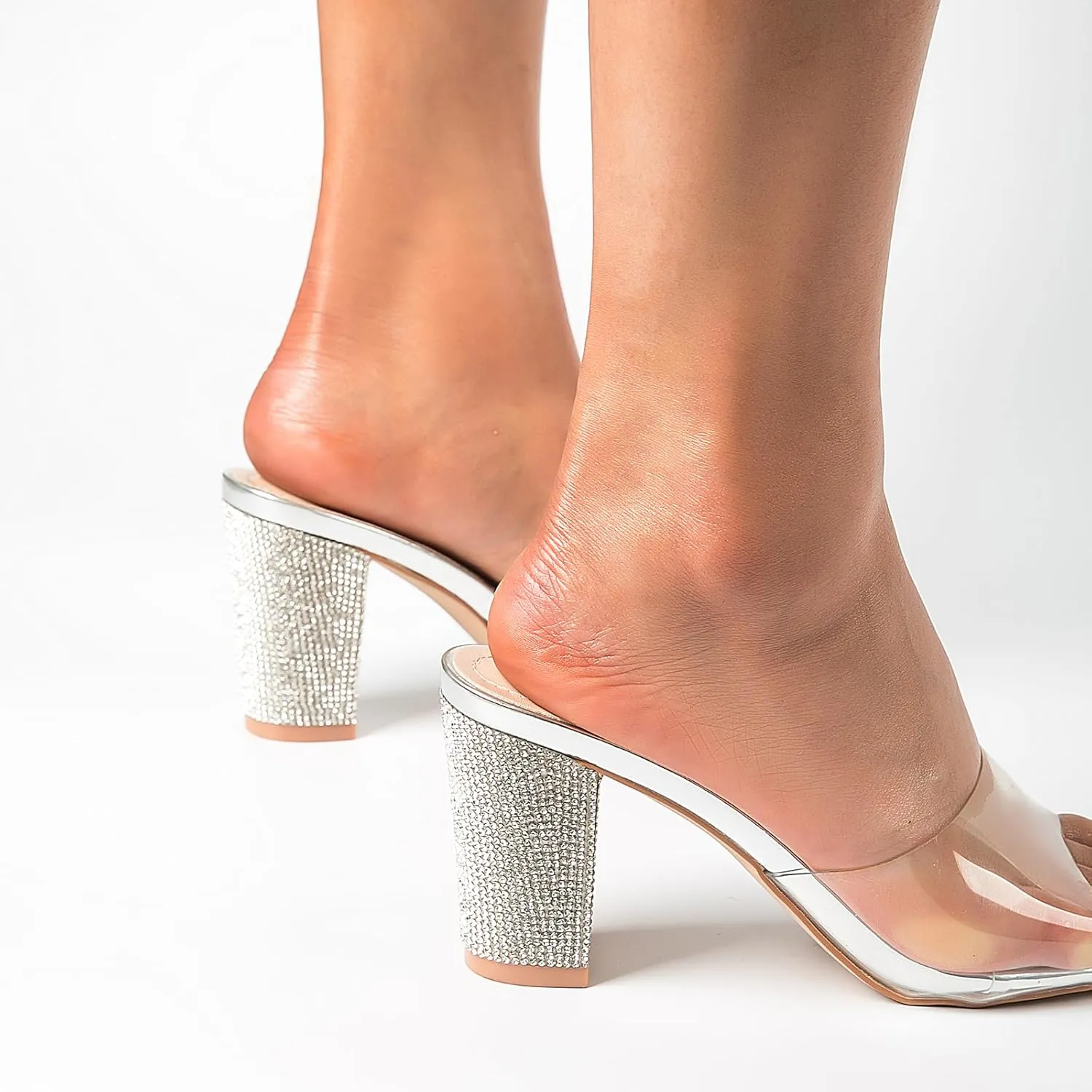 Women's Square Toe Rhinestone Heeled Sandals - Clear Chunky Slipper Mules Backless Slip on for Parties Weddings Nightclub