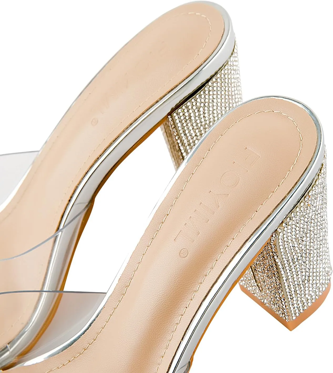 Women's Square Toe Rhinestone Heeled Sandals - Clear Chunky Slipper Mules Backless Slip on for Parties Weddings Nightclub