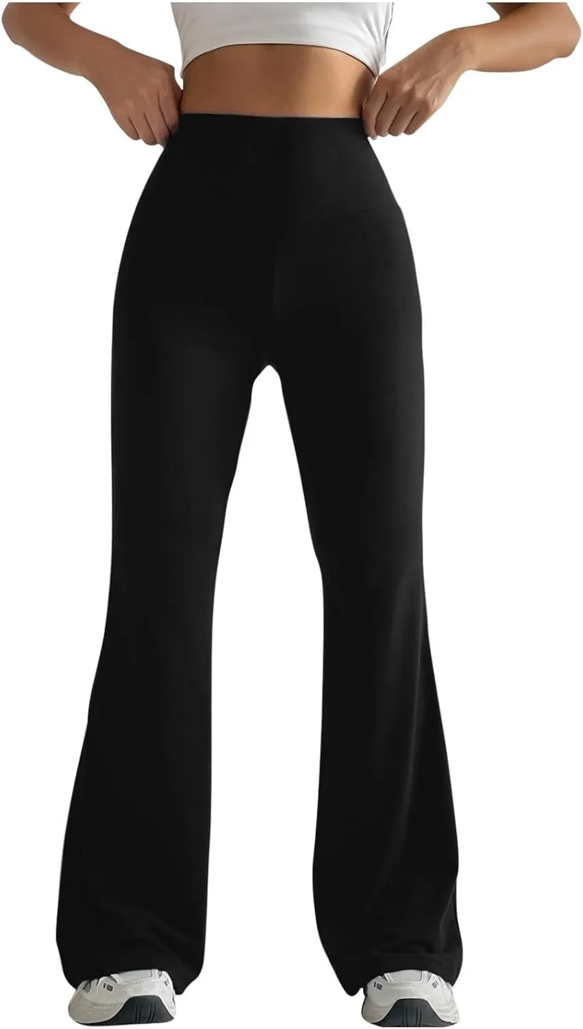 Womens Stretch High Waist Legging Trendy Outdoor Running Exercise Regular Yoga Pant Solid Color Casual Flared Trouser