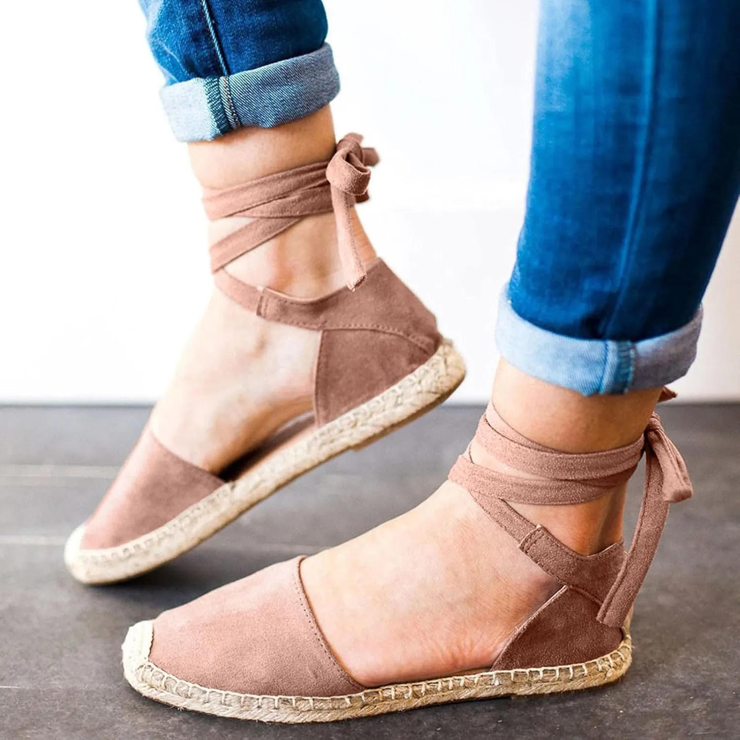 Womens Summer Espadrille Platform Flat Sandals Closed Toe Crisscross Elastic Ankle Buckle Strap Arch Support Shoes