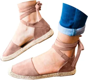 Womens Summer Espadrille Platform Flat Sandals Closed Toe Crisscross Elastic Ankle Buckle Strap Arch Support Shoes