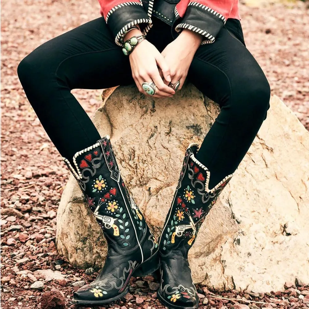 Women's Swallow Floral Embroidered Cowgirl Boots - Chunky Low Heels - Handmade Rivets - Western Cowboy Knee High Boots - Pull On - Blue, Black, Green - Patchwork - Wide Calf