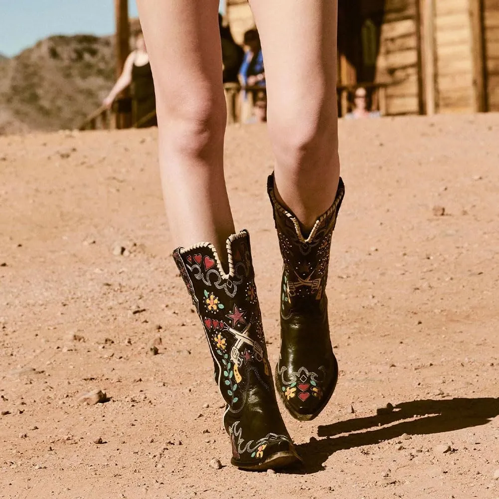 Women's Swallow Floral Embroidered Cowgirl Boots - Chunky Low Heels - Handmade Rivets - Western Cowboy Knee High Boots - Pull On - Blue, Black, Green - Patchwork - Wide Calf