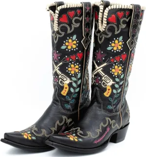 Women's Swallow Floral Embroidered Cowgirl Boots - Chunky Low Heels - Handmade Rivets - Western Cowboy Knee High Boots - Pull On - Blue, Black, Green - Patchwork - Wide Calf