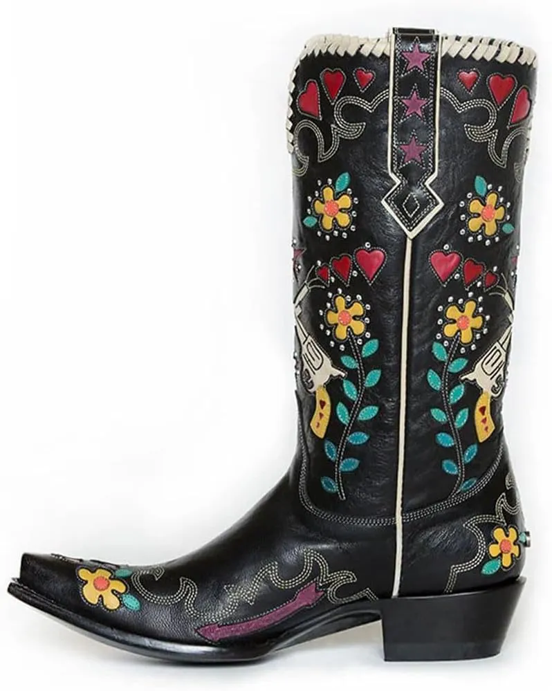 Women's Swallow Floral Embroidered Cowgirl Boots - Chunky Low Heels - Handmade Rivets - Western Cowboy Knee High Boots - Pull On - Blue, Black, Green - Patchwork - Wide Calf