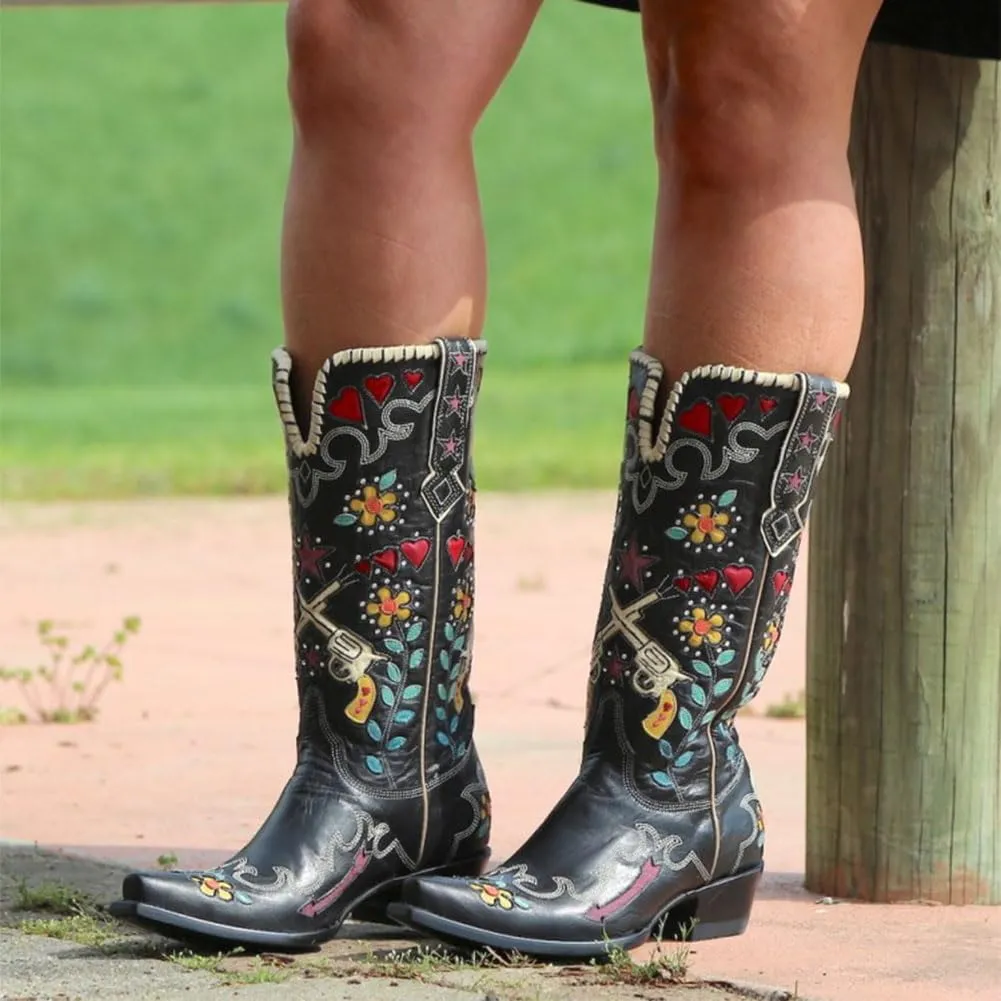 Women's Swallow Floral Embroidered Cowgirl Boots - Chunky Low Heels - Handmade Rivets - Western Cowboy Knee High Boots - Pull On - Blue, Black, Green - Patchwork - Wide Calf