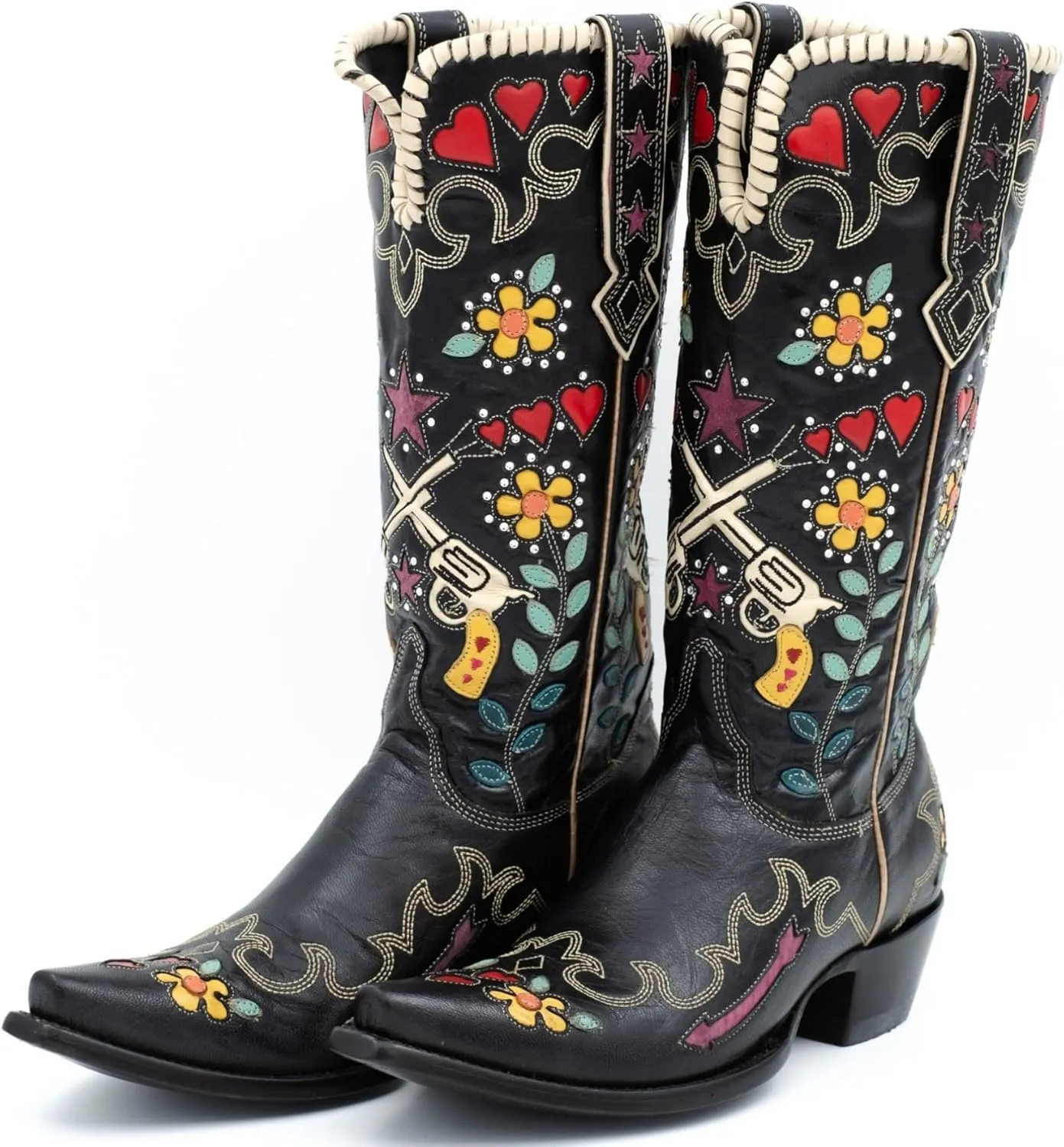 Women's Swallow Floral Embroidered Cowgirl Boots - Chunky Low Heels - Handmade Rivets - Western Cowboy Knee High Boots - Pull On - Blue, Black, Green - Patchwork - Wide Calf