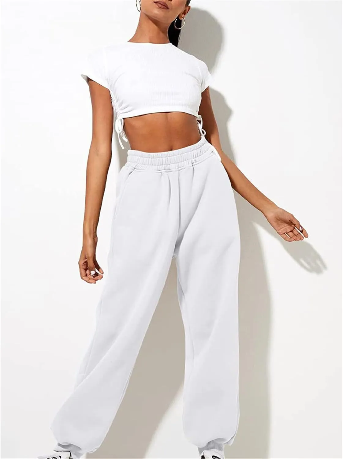 Womens Thin High Waisted Pants Trendy Pleated Waist Park Cycling Running Sweatpant Office Relax Cuffed Casual Trouser