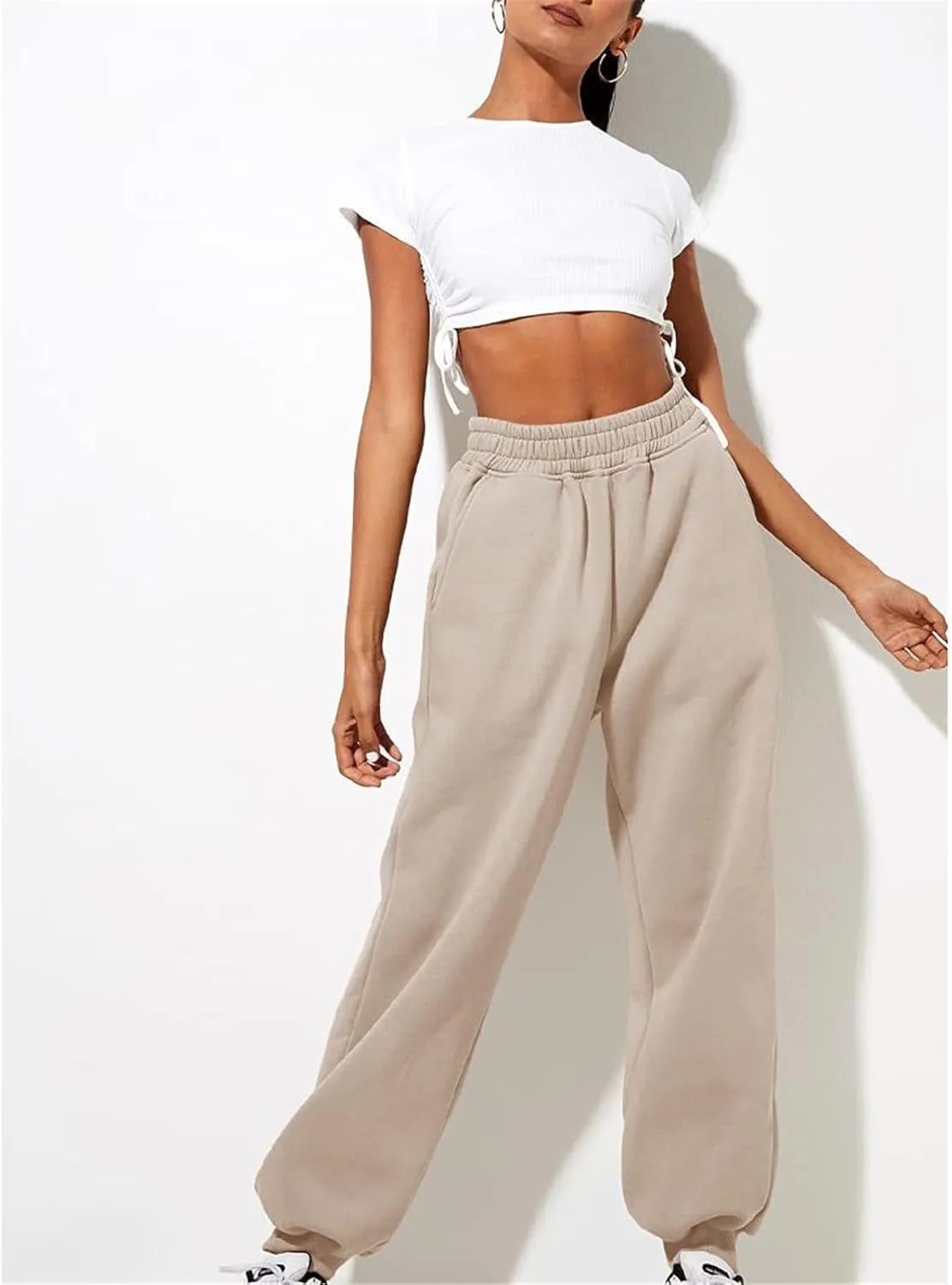 Womens Thin High Waisted Pants Trendy Pleated Waist Park Cycling Running Sweatpant Office Relax Cuffed Casual Trouser