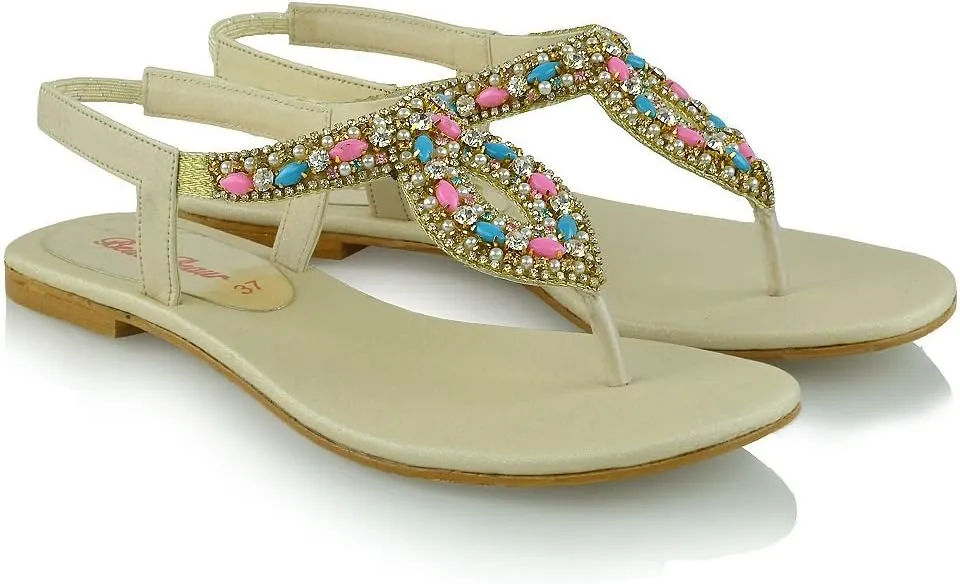 Womens Toe Post Sandals Flat Slingback Diamante Sandals