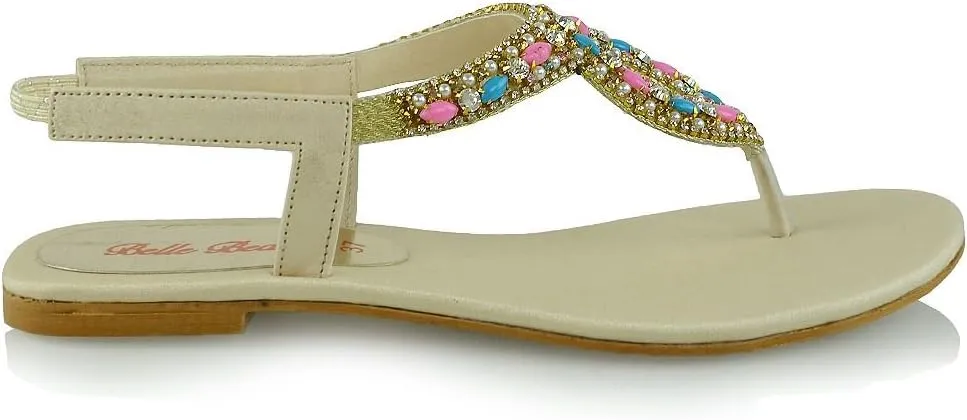 Womens Toe Post Sandals Flat Slingback Diamante Sandals