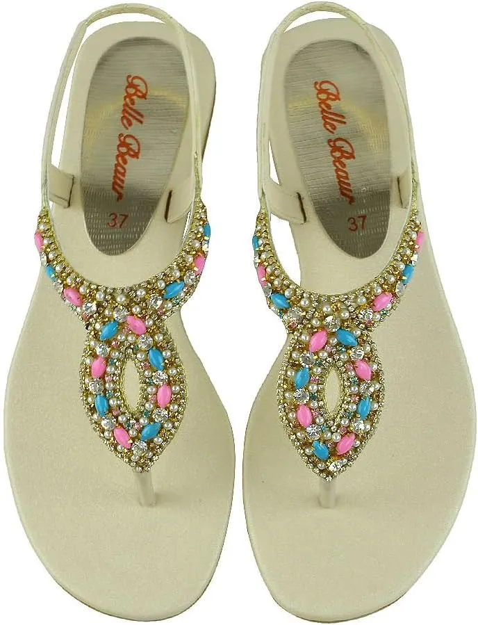 Womens Toe Post Sandals Flat Slingback Diamante Sandals