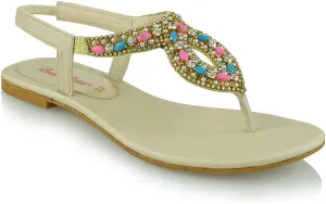 Womens Toe Post Sandals Flat Slingback Diamante Sandals