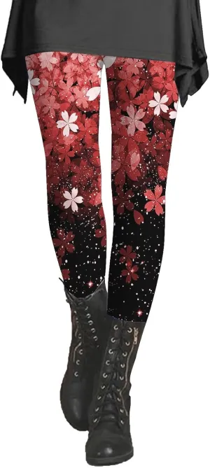 Womens Tummy Control Leggings Fashion Floral Printed Slim Gym Yoga Travel Pants Stretchy High Waisted Casual Trousers