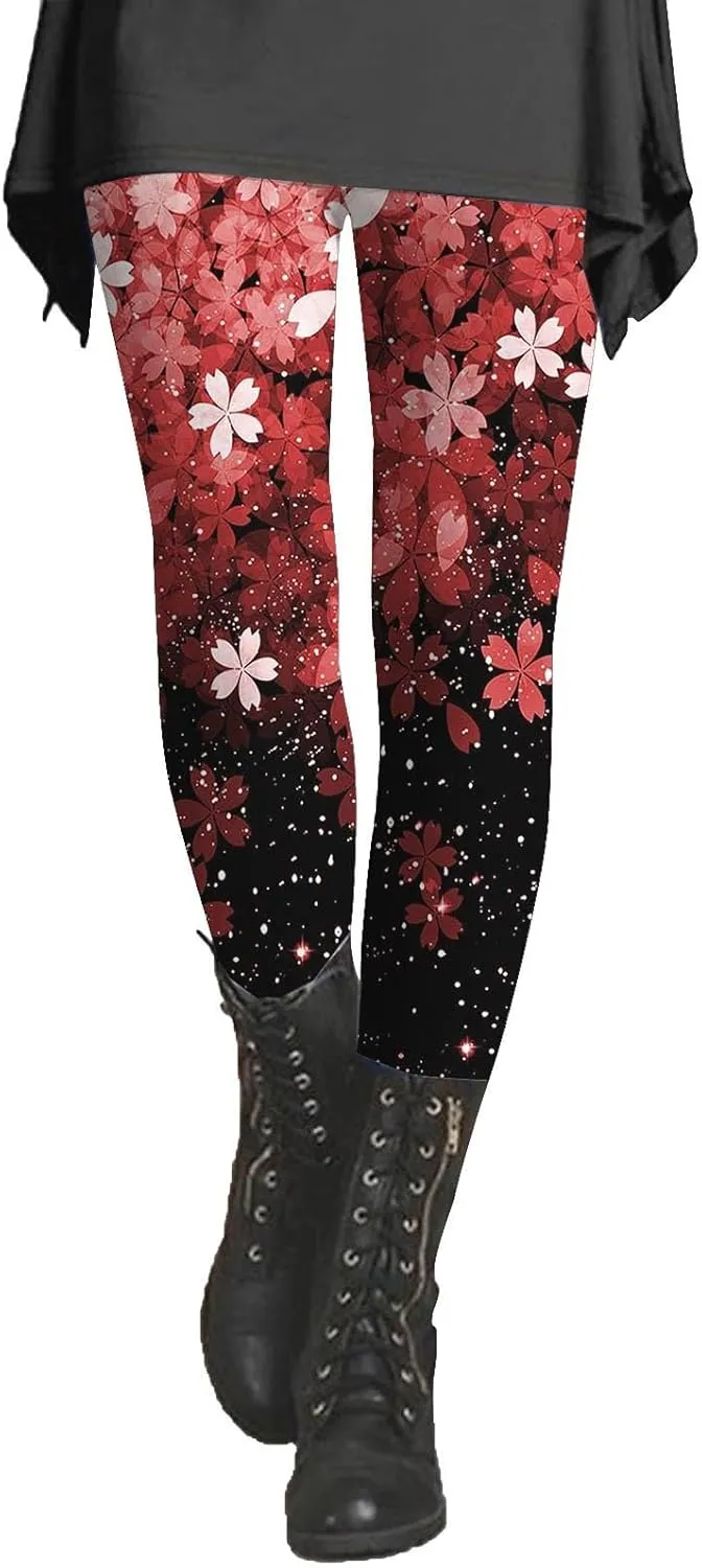 Womens Tummy Control Leggings Fashion Floral Printed Slim Gym Yoga Travel Pants Stretchy High Waisted Casual Trousers