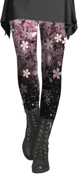 Womens Tummy Control Leggings Fashion Floral Printed Slim Gym Yoga Travel Pants Stretchy High Waisted Casual Trousers