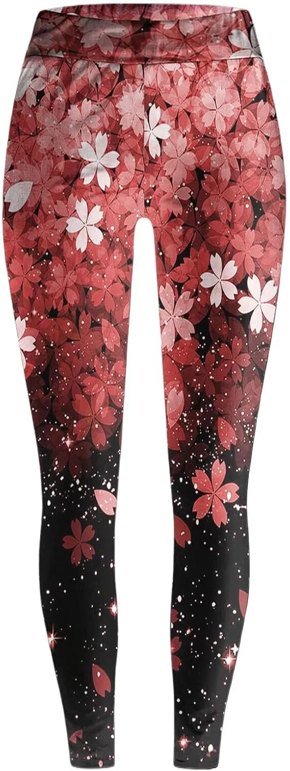 Womens Tummy Control Leggings Fashion Floral Printed Slim Gym Yoga Travel Pants Stretchy High Waisted Casual Trousers