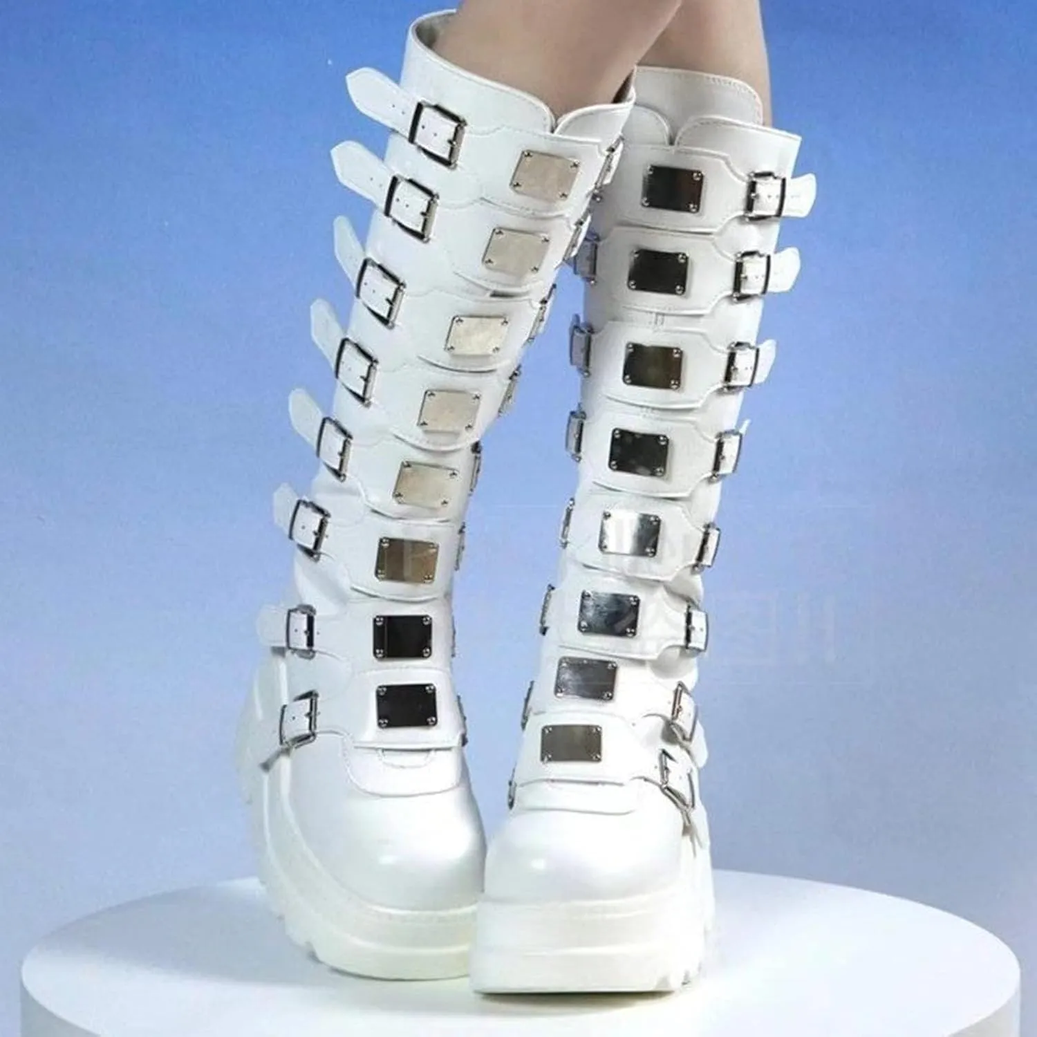 Womens Wedge Platform Knee High Boots Round Toe Zip Combat Goth Punk Motorcycle Booties Zip up With Metal Buckles