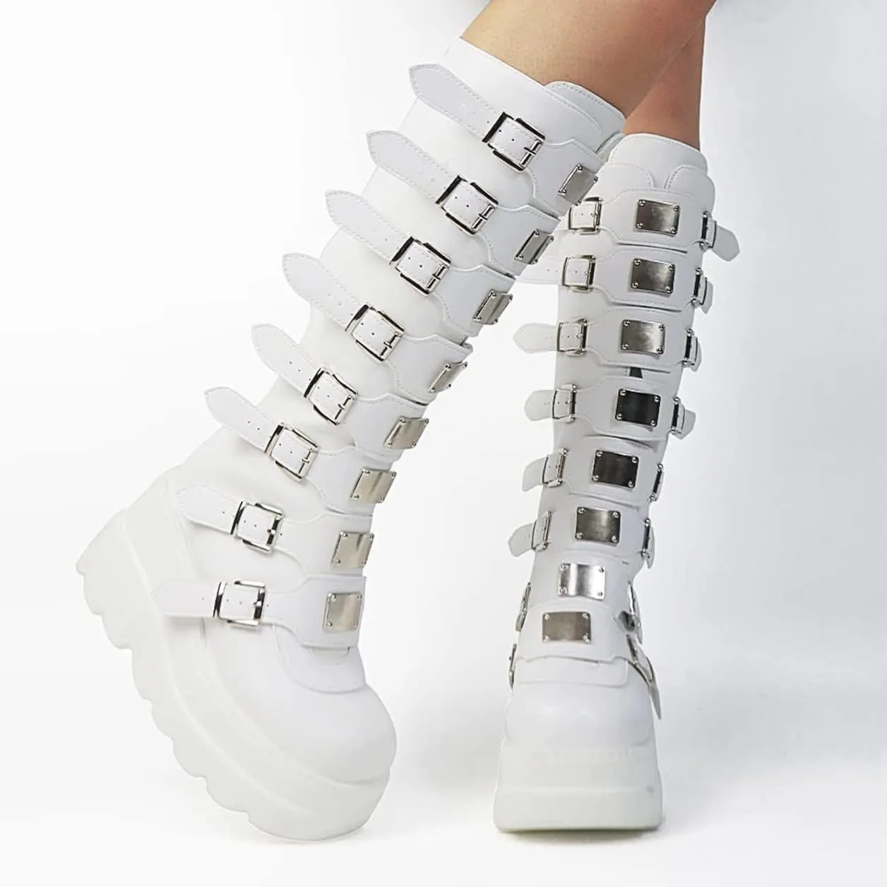 Womens Wedge Platform Knee High Boots Round Toe Zip Combat Goth Punk Motorcycle Booties Zip up With Metal Buckles