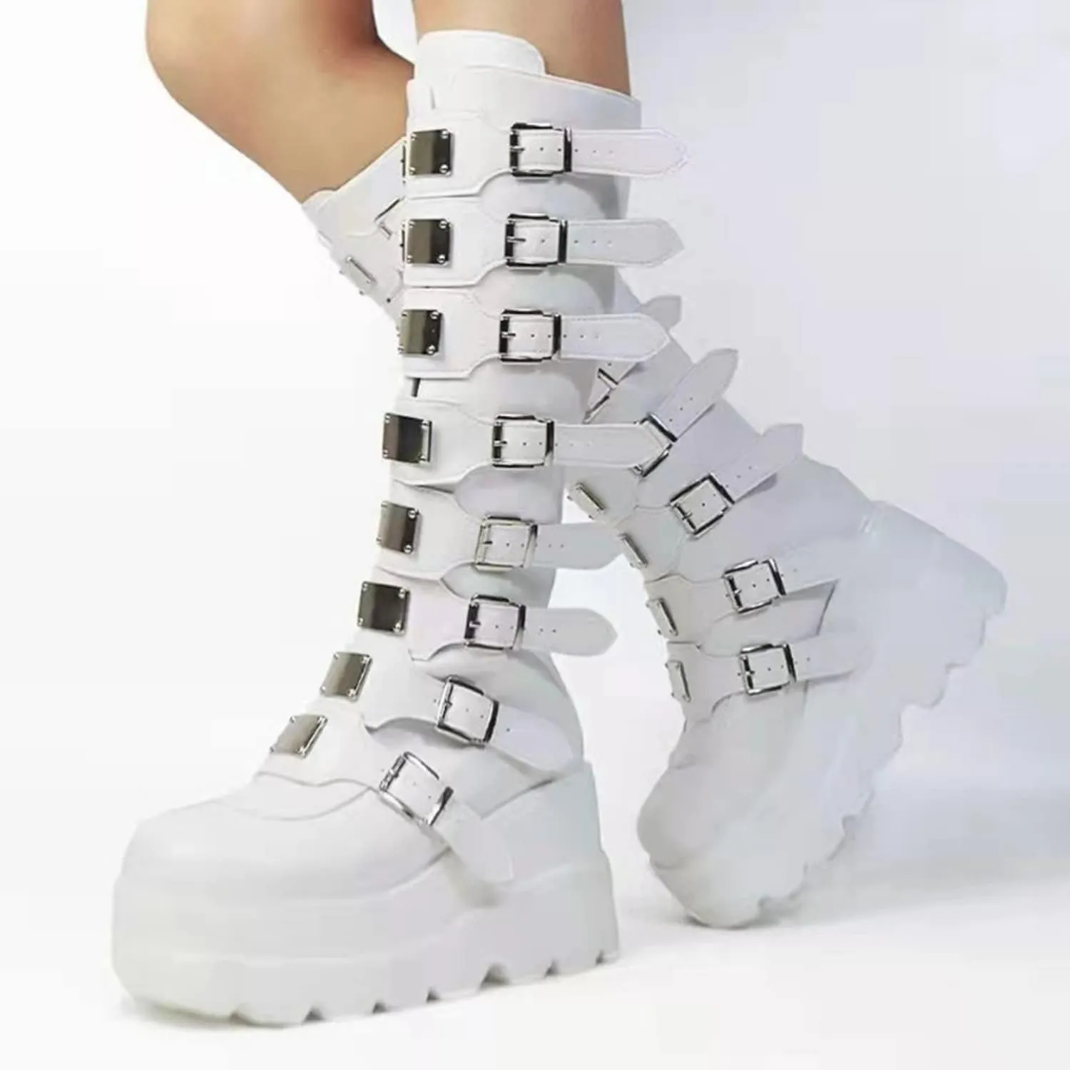 Womens Wedge Platform Knee High Boots Round Toe Zip Combat Goth Punk Motorcycle Booties Zip up With Metal Buckles