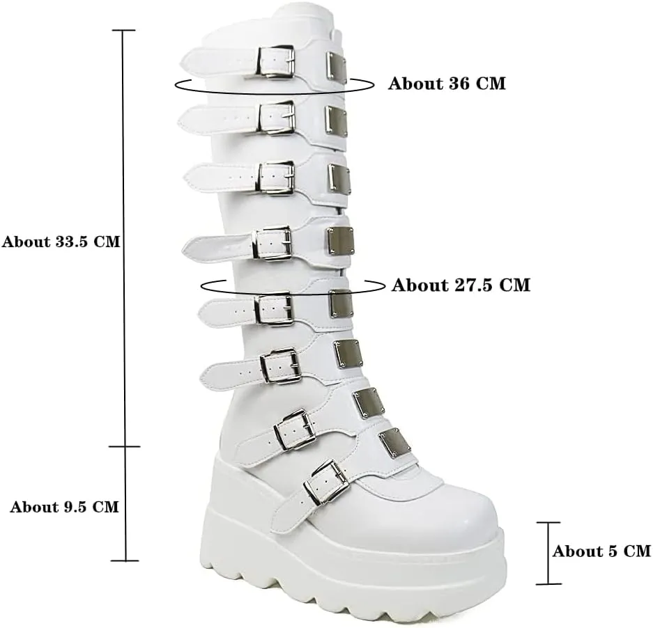 Womens Wedge Platform Knee High Boots Round Toe Zip Combat Goth Punk Motorcycle Booties Zip up With Metal Buckles