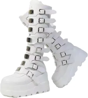 Womens Wedge Platform Knee High Boots Round Toe Zip Combat Goth Punk Motorcycle Booties Zip up With Metal Buckles