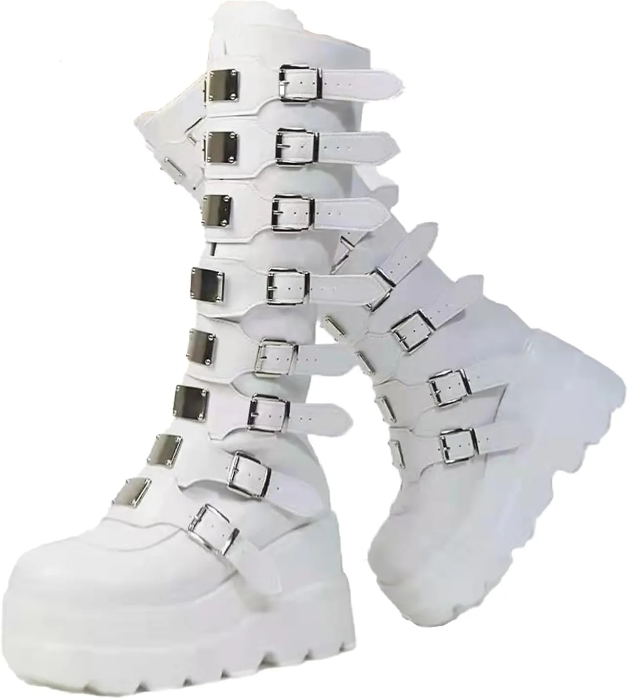Womens Wedge Platform Knee High Boots Round Toe Zip Combat Goth Punk Motorcycle Booties Zip up With Metal Buckles