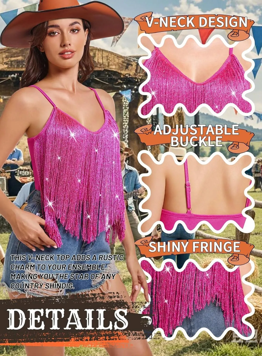 Womens Western Cowgirl Fringe Top - Country Concert Outfits Festival Tassel Hem Boho Rodeo Camisole Rave Tank Shirt