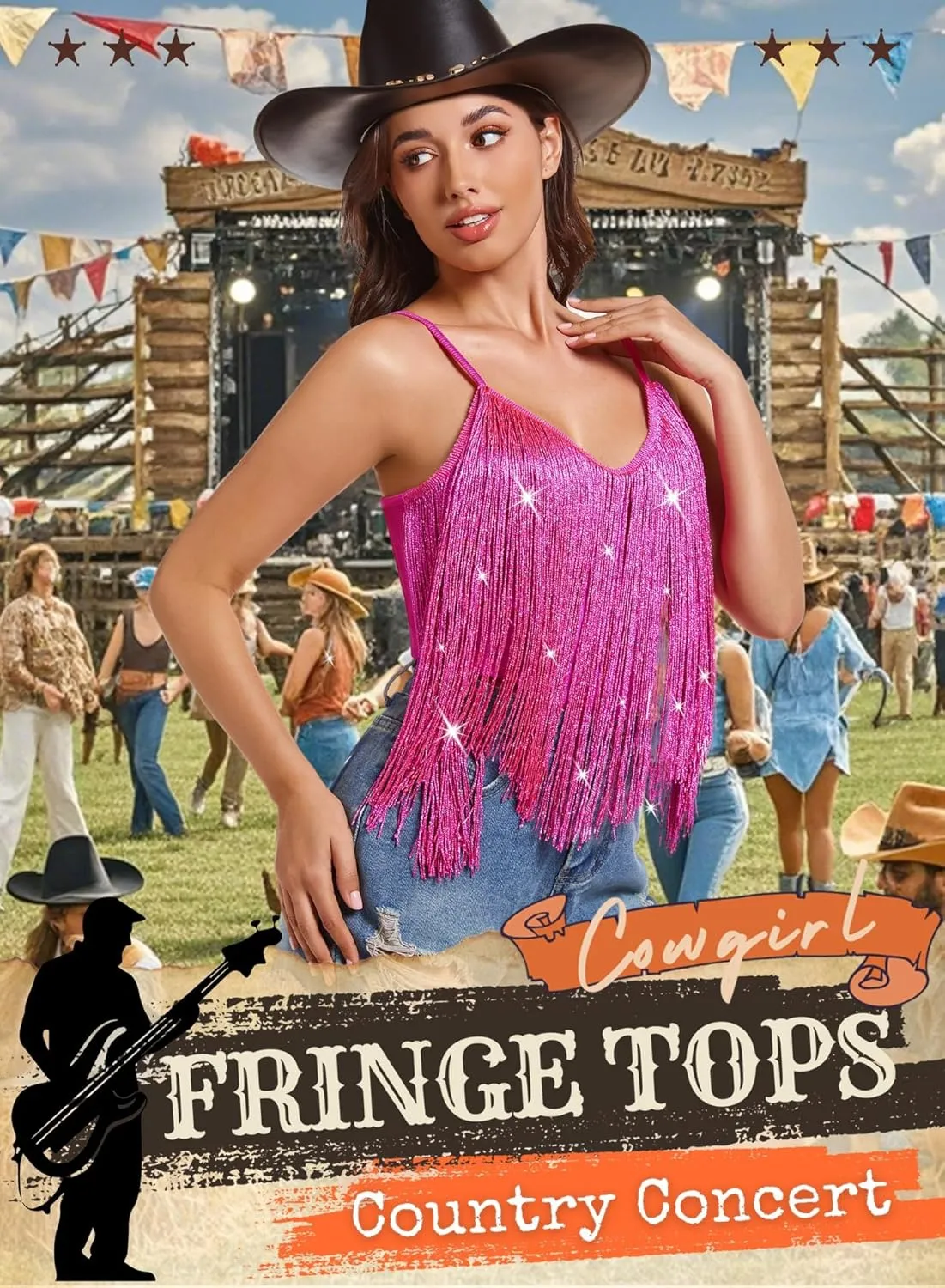 Womens Western Cowgirl Fringe Top - Country Concert Outfits Festival Tassel Hem Boho Rodeo Camisole Rave Tank Shirt