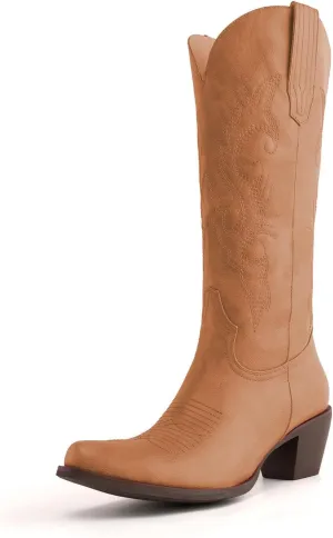 Womens White Cowgirl Boots Fashion Over the Knee Boots With Classic Embroidery Chunky Heels And Western Style