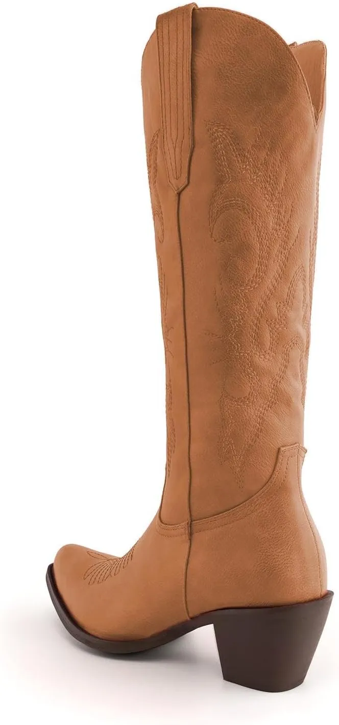 Womens White Cowgirl Boots Fashion Over the Knee Boots With Classic Embroidery Chunky Heels And Western Style