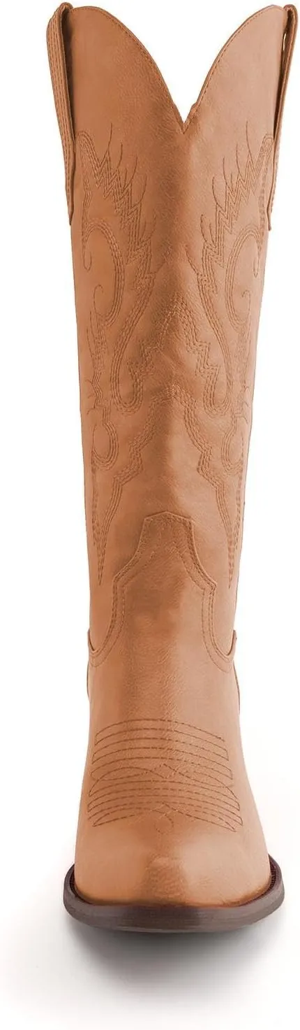 Womens White Cowgirl Boots Fashion Over the Knee Boots With Classic Embroidery Chunky Heels And Western Style