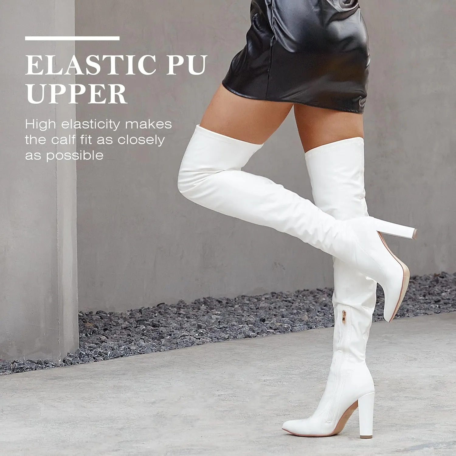 WSKEISP Women's Thigh High Boots Patent Leather PU Heeled Over The Knee High Boots Sexy Pointed Toe Chunky Heel GOGO Boots