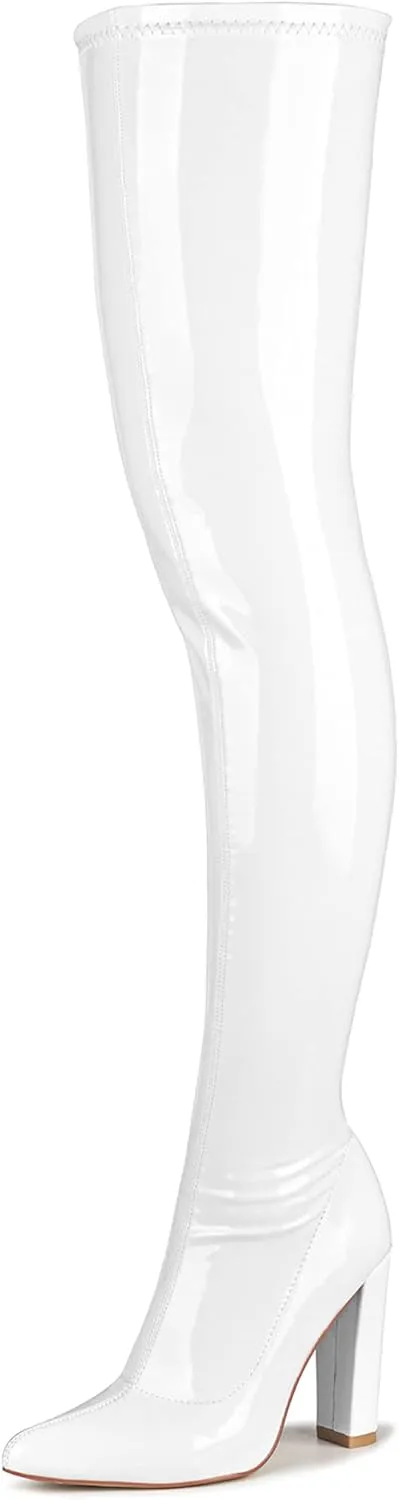 WSKEISP Women's Thigh High Boots Patent Leather PU Heeled Over The Knee High Boots Sexy Pointed Toe Chunky Heel GOGO Boots