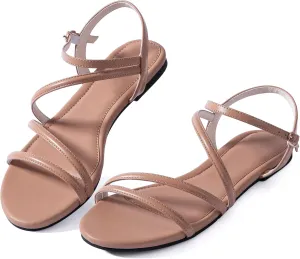 YANWENFANG Women Strappy Flat Sandals, Leather Dressy Summer Slides