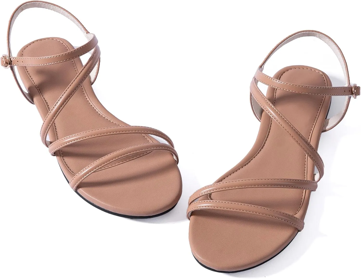 YANWENFANG Women Strappy Flat Sandals, Leather Dressy Summer Slides