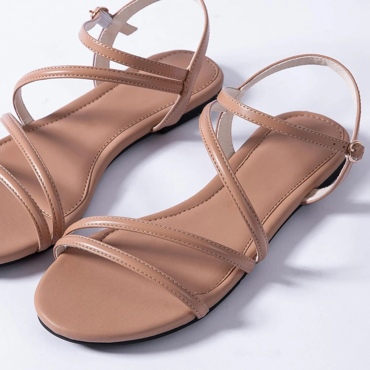 YANWENFANG Women Strappy Flat Sandals, Leather Dressy Summer Slides