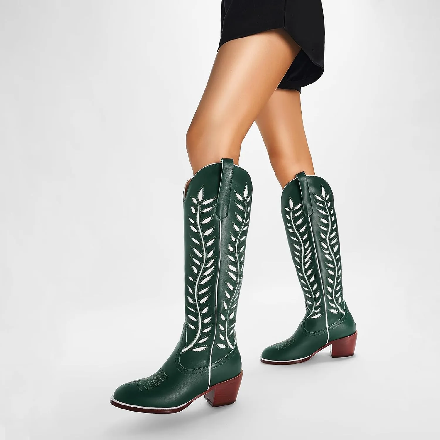 Yishaweiqi Embroidered Cowboy Boots for Women Almond Round Toe Chunky Heel Cowgirl Boots Pull On Knee High Western Boots with Contrast Foliage Inlay
