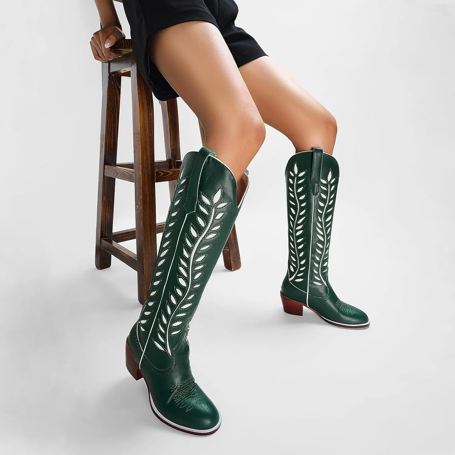 Yishaweiqi Embroidered Cowboy Boots for Women Almond Round Toe Chunky Heel Cowgirl Boots Pull On Knee High Western Boots with Contrast Foliage Inlay